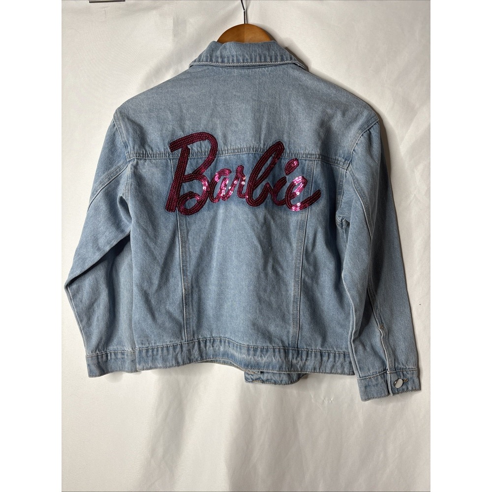 Barbie Girls 10-11 Denim Jeans Light Blue Button Jacket Pink Sequins Mattel 2023